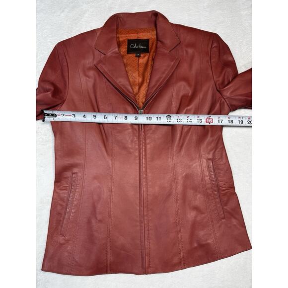 Cole Haan Red Clay Lambskin Full Zip Jacket Sz 8 Front Tailored Moto Blazer - Picture 6 of 9